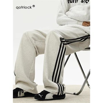 美式復古三條杠休閑褲男女秋季潮寬松cleanfit運動衛褲高街闊腿褲