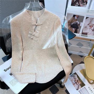 中式國風復古盤扣羊毛針織衫女春季立領修身打底衫毛衣內搭上衣女