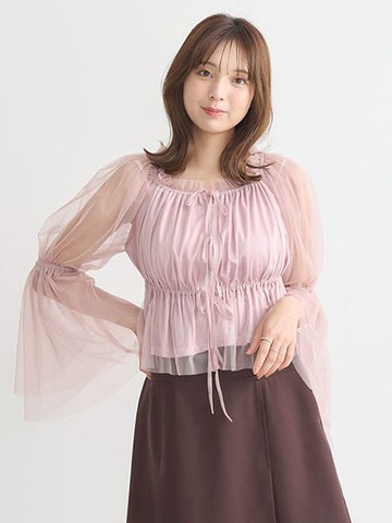 層次薄紗荷葉摺邊綁結上衣(1M43L1A0100) - earth music&ecology