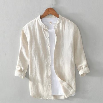 夏季男士亞麻七分袖襯衫立領寬松工裝襯衣潮牌青年薄款休閑寸衫衣