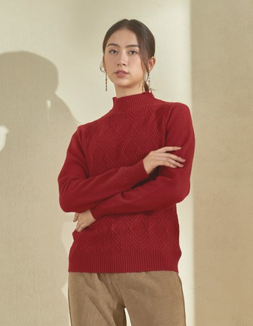 ★【喜芝梅】菱紋雅韻 深遂菱格紋半高領保暖針織毛衣(四色；F) 225740044