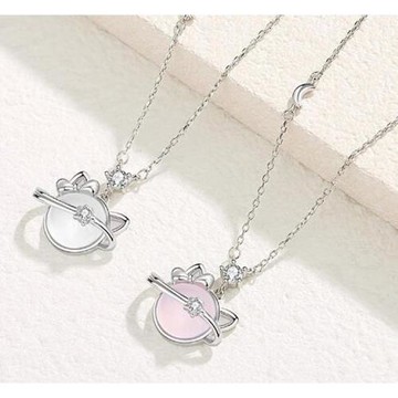 ANGEL 貓咪星球白玉髓垂墜閃耀鋯石項鍊(2色可選)