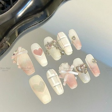 純手工穿戴甲甜桃奶霜太仙啦 手工穿戴甲 穿戴式 穿戴美甲 美甲貼片 指甲貼片 美甲 手工美甲