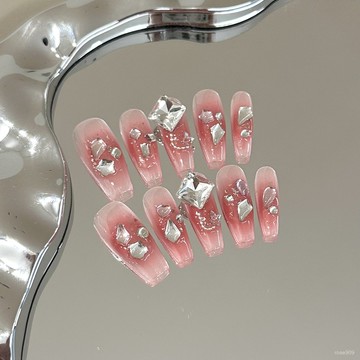 ➕最新設計款穿戴甲💅手工穿戴甲片高級感腮紅色暈染美甲顯白可拆卸方鑽輕奢氣質假指甲中梯穿戴甲 XGDK