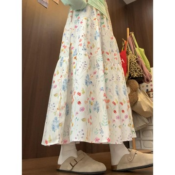 loannina 碎花 冰絲長裙 寬鬆 慵懶風 褶皺蛋糕裙 女生長褲 夏季裙子 薄款 高腰裙子 女