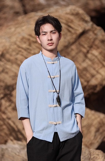 新中式復古 撞色盤扣短袖襯衫