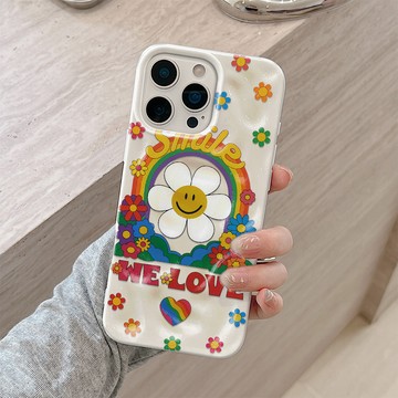 卡通太陽花 蘋果16Plus保護殼 iPhone17ProMax 15 14 13 12 11 時尚隕石紋理 大孔軟殼