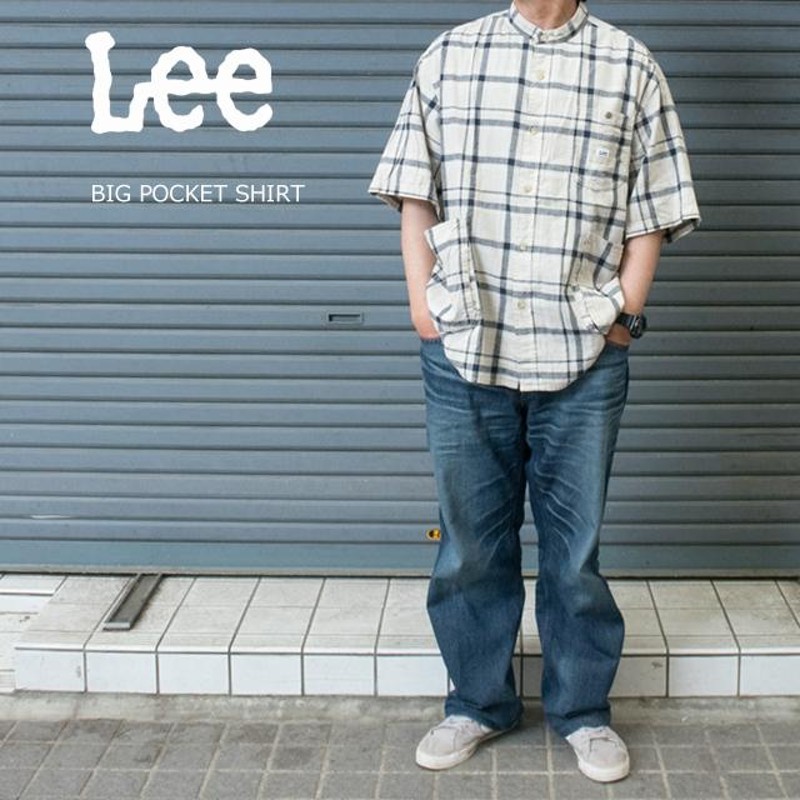 セール lee リー メンズ 半袖 チェック柄 ノーカラー シャツジャケット