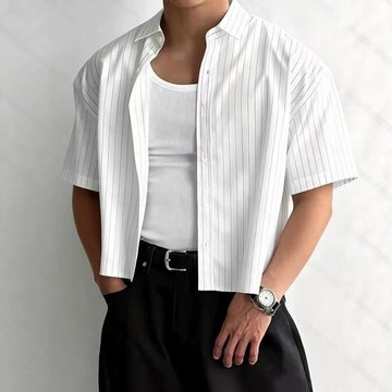 短寬版型 復古短格 短板上衣 短袖襯衫 男士休閒寬鬆條紋短袖襯衫，適合春夏穿着的短款襯衫百搭 夏天 美式街頭 高質感 B