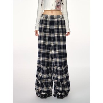 PUNCH格子闊腿長褲2024新款半松緊休閑百搭褲