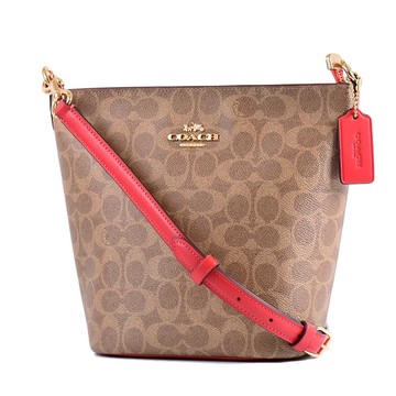 COACH 緹花LOGO防刮斜背水桶包-棕褐紅