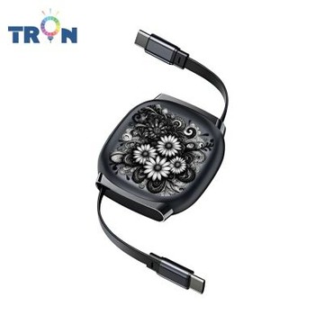 TRON 100W Type-C 伸縮快充線 1M 鈦黑色 圖騰花磚-1 4檔長度調整 可充筆電 適用i15以上手機 平板
