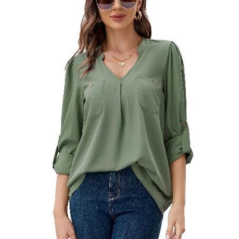 MISSKY Women's Long Sleeve Blouses V Neck Pleated Chiffon Tunic ...