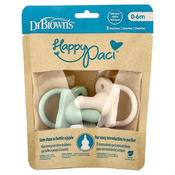 Dr. Brown's, HappyPaci™ 安撫奶嘴，0-6 個月，綠色、灰色和米色，3 個
