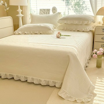 韓式水洗棉花邊夾棉床蓋單件四季通用防滑加厚純色床單床罩三件套