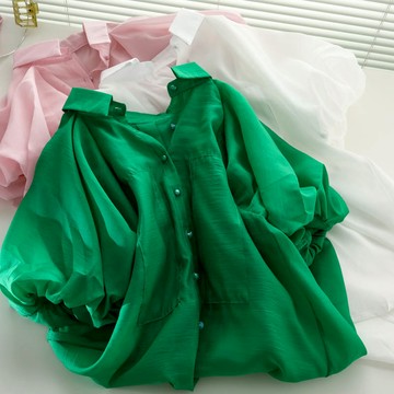 甜美燈籠袖翻領襯衫女法式小眾設計感宮廷風泡泡袖洋氣寬松上衣