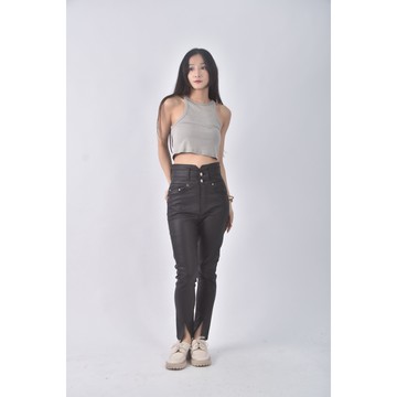 (M) black like高腰皮質黑色長褲二手衣