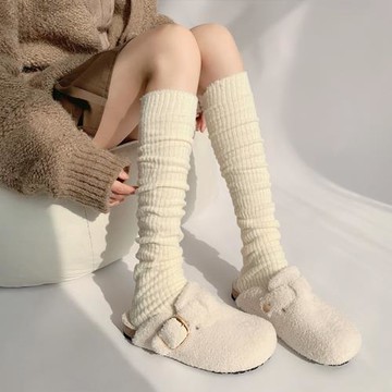夜間教習室堆堆襪套女秋冬美拉德咖色小腿襪子白色過膝毛茸茸腿套