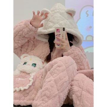 秋冬季珊瑚絨睡衣女三層夾棉襖加絨加厚保暖法蘭絨家居服套裝冬天