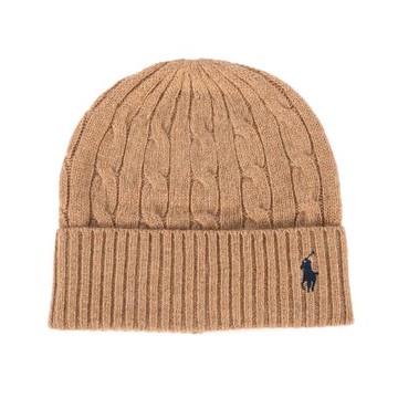 RALPH LAUREN POLO 小馬刺繡LOGO素面CASHMERE羊毛扭紋編織毛帽-經典駝色