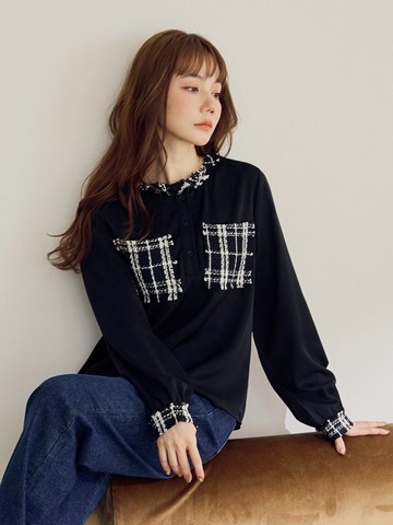 小香風格紋拼接半開襟長袖上衣