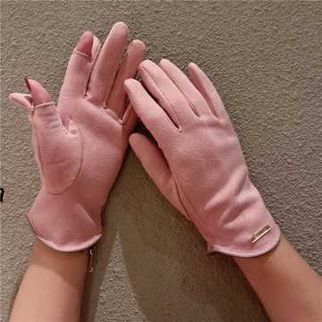 分指手套女時尚麂皮絨防風秋冬季保暖露指寫字可觸屏開車騎行冬天