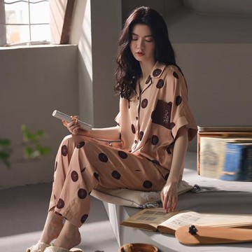 冰絲睡衣女夏季新款短袖長褲開衫波點涼感家居服外穿舒適女款套裝