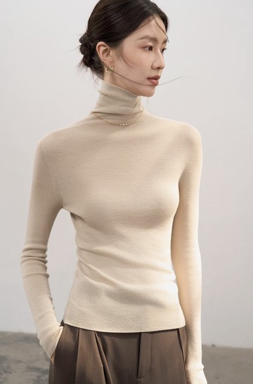 法式極簡 全羊毛揚子紗高領針織衫上衣 無縫一體