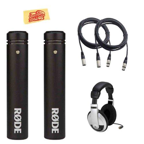 Rode M5 Matched Pair of Compact 2-Inch Condenser Microphones Bundle with Headphones, Two Mic Cables, Two Mic Clips, Two Windscreens, and P