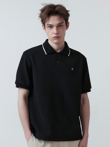 Pique Contrast Collar Polyester T-Shirt [Black]