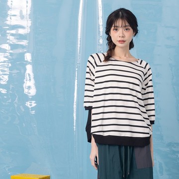 【MOSS CLUB】M兔兔背後印花條紋拼接短袖上衣 黑 白 綠