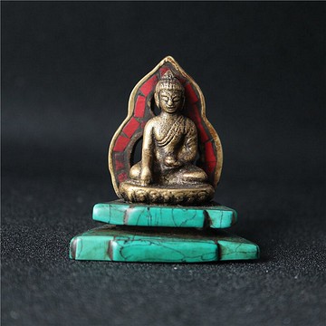尼泊爾手工純銅鑲嵌松石釋迦摩尼擺件藏傳民族風手工制作釋迦摩尼1入