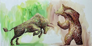 畫布上抽象熊與牛繪畫多彩動物原創厚塗藝術