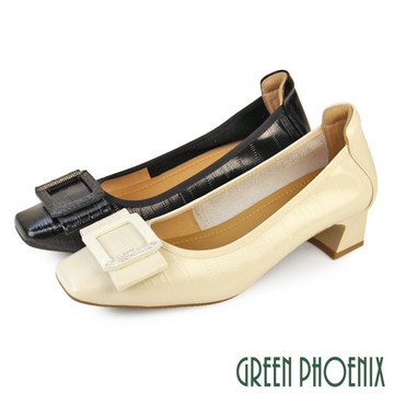 女鞋 跟鞋 包鞋 粗跟 真皮 方頭 蝴蝶結 壓紋 通勤 OL 上班【GREEN PHOENIX 波兒德】U11-29289