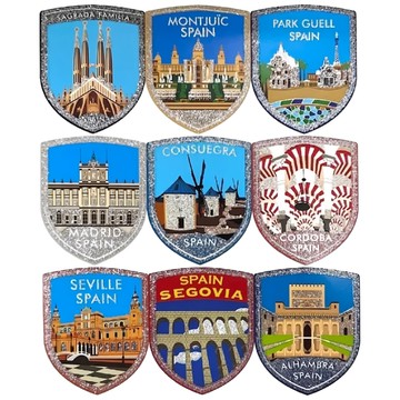 A-ONE 匯旺 玻璃靜電貼紙9張套裝 國家地標系列 防水 防褪色  西班牙旅遊 銀蔥彩色  6 x 7.5cm