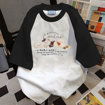 【Veee】100%純棉 短袖T恤 拼接上衣 寬鬆T恤 ins oversize 潮流 時尚 女生上衣 印花T恤 圓領