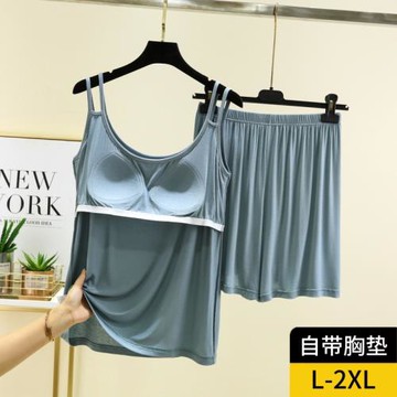 雙肩吊帶短褲女夏薄套裝可外穿莫代爾帶胸墊家居服睡衣睡褲兩件套