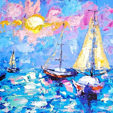 帆船繪畫海景原創藝術船厚塗油畫聖巴巴拉