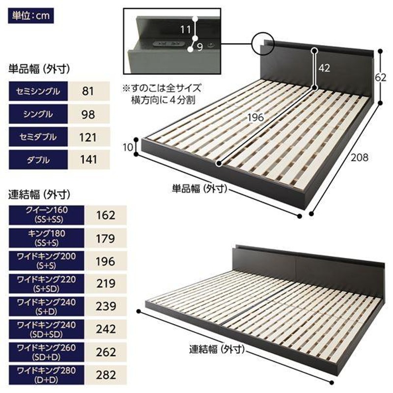 ベッド 低床 連結 ロータイプ すのこ 木製 LED照明付き 棚付き 宮付き