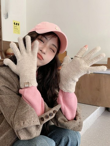 网红针织毛线手套女生冬季新款可爱花边露指可触屏玩手机保暖骑行 99購物節