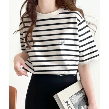 日本 Classical Elf - Java 純棉logo定番款短袖上衣-條紋-黑白