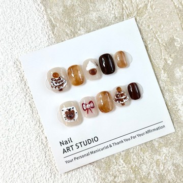 ✨Hannah✨【聖誕小熊】可愛捏捏秋冬款棕色卡通純手工穿戴甲可拆卸ins風純手工穿戴甲 XG89