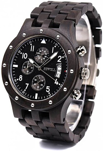 Bewell【日本代購】復古懷舊木錶 男性用木質手錶 日曆－紫檀