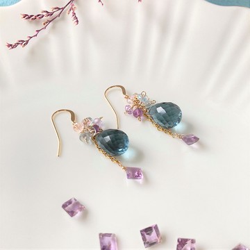 繡球花 14KGF 紫水晶 綠柱石 耳環 / 耳夾