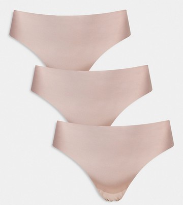 ASOS DESIGN Curve 3 pack no VPL & lace thong in mink-Pink