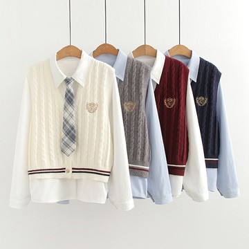 ＊ORead＊學院風徽章開襟衫馬甲+尖領襯衫領帶兩件套(4色F碼)