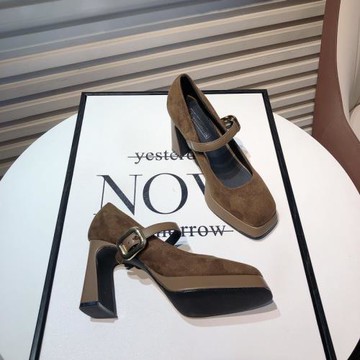 新款韓版復古方頭瑪麗珍高跟鞋淑女風防水臺絨面一字扣帶粗跟單鞋