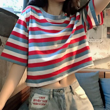 臺灣出貨 免運ins超火短袖T恤女2026寬鬆韓版潮原宿風bf學生條紋短款露臍上衣服0911