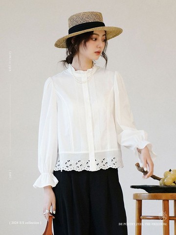 白色 春日白 法式木耳邊鏤空花邊復古風襯衫 氛圍感疊搭襯衣