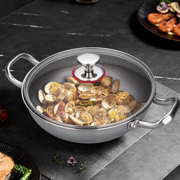 五層鋼鈦炒鍋多功能雙耳鈦干鍋無涂層不粘鍋加厚干鍋帶蓋亮光鈦鍋